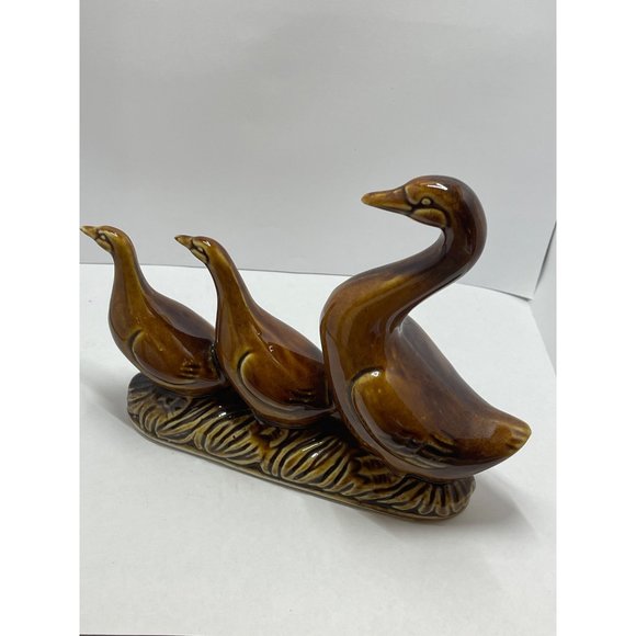 Brown Drip Glaze Goose And Goslings Figurine - Picture 1 of 7